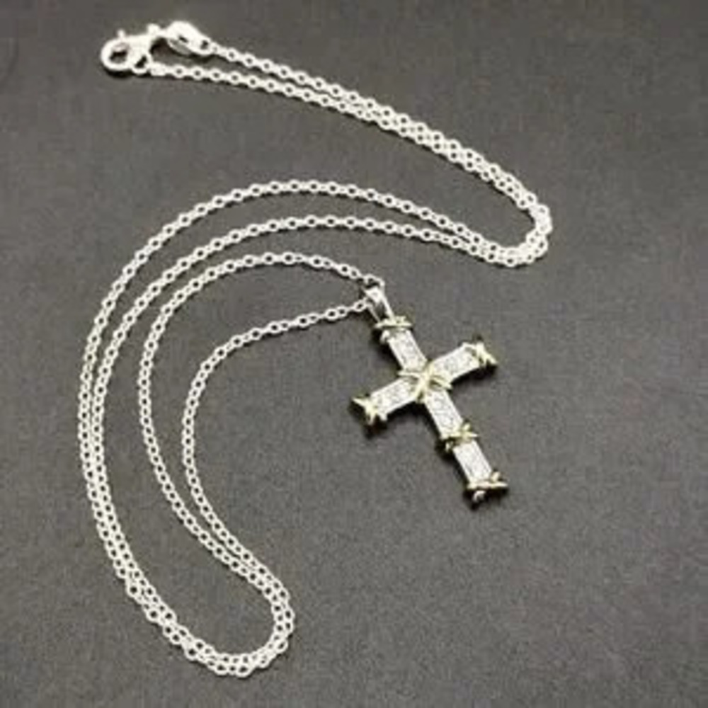 925 Silver Necklace w/ Gold Cross CZ Diamonds Women's Valentine's Birthday Gift